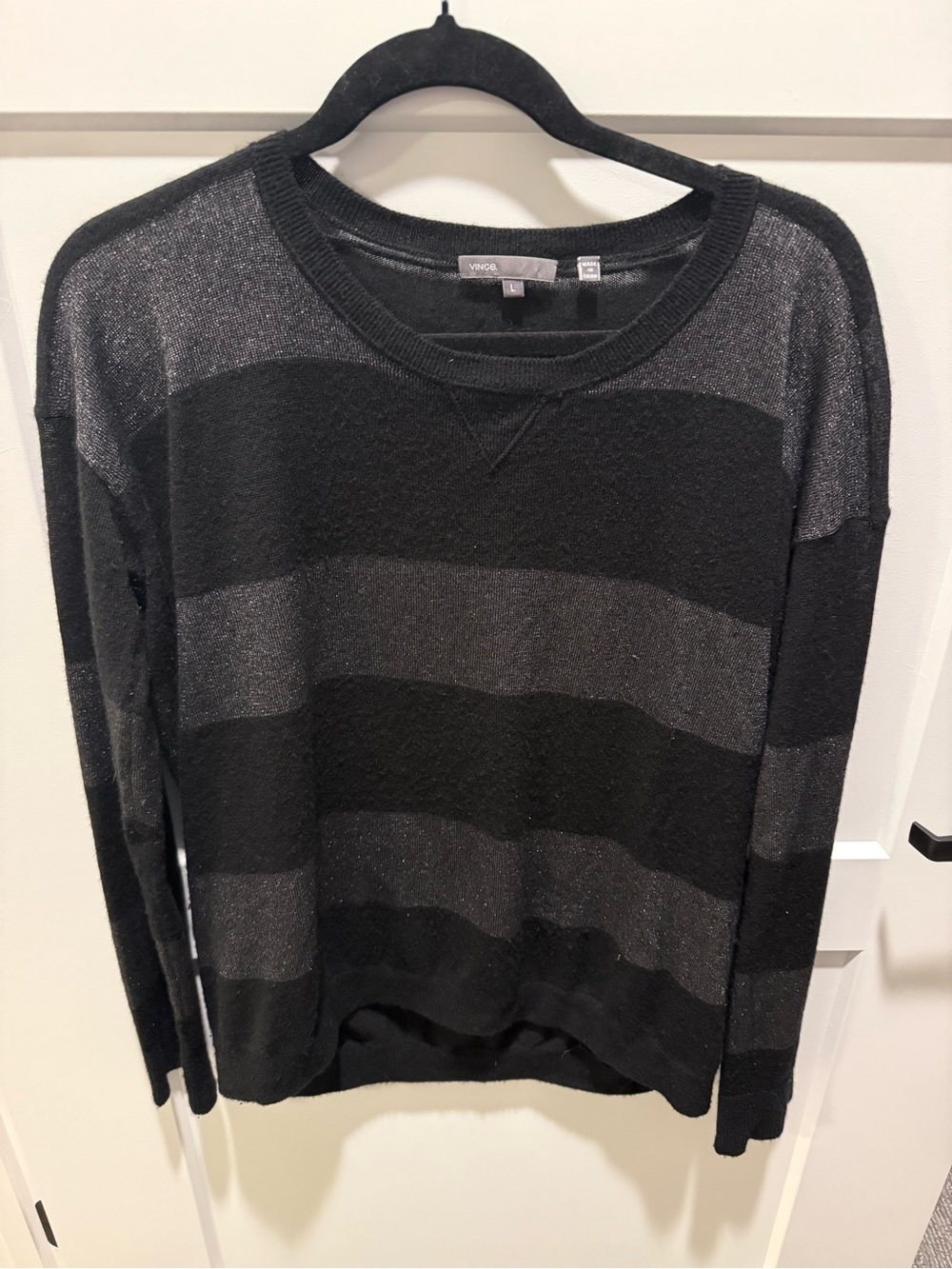 Vince Cashmere Blend Sheer Stripe Sweater Women L Black Gray Lightweight